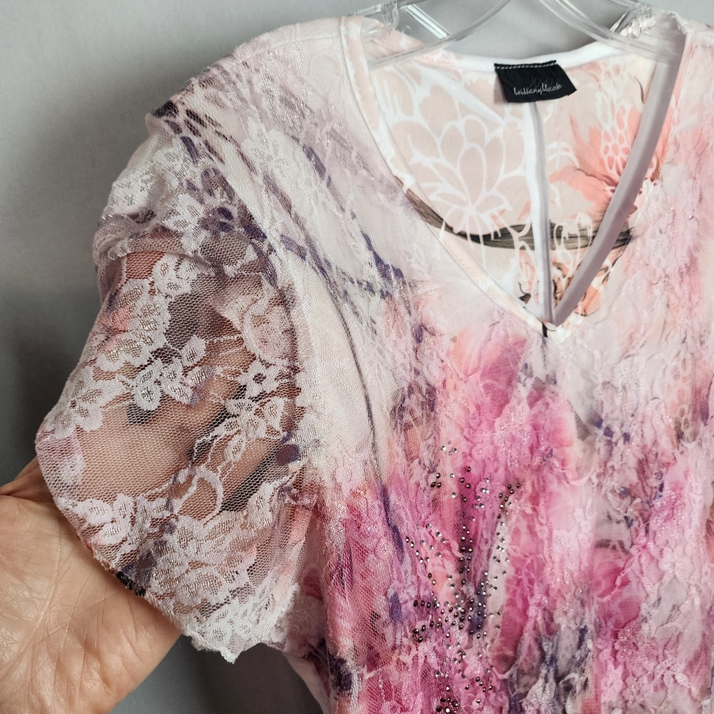 Brittany Black Shirt - Pink White - Layered - Lace Sleeves - Size Large - Picture 2 of 6